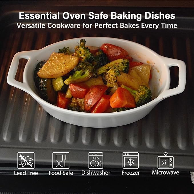 ONEMORE Oval Au Gratin Baking Dish, 20 oz Small Casserole Dishes with Handles 6x8" Ceramic Baking Pan for 1-2 People, Oven Safe for Lasagna, Pies, Individual Servings & Side Dishes, Set of 4, White