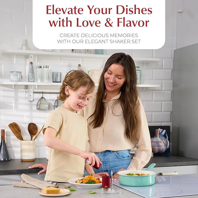 Signature Red Burgundy Salt and Pepper Shakers with Holder - Elegant Stainless Steel Salt Shaker and Pepper Shaker Set with Acrylic Holder for Kitchen Counter or Restaurant Table (2-Piece Set)