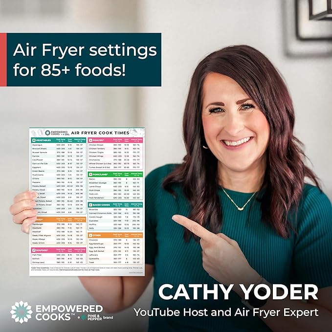 Cathy Yoder's Air Fryer Cheat Sheet Set, Air Fryer Accessories, AirFryer Cooking Guide Magnetic Cheat Sheet, AirFryer Cook Times Chart Magnet with Temperature, Internal Food Temp for 80+ Popular Foods