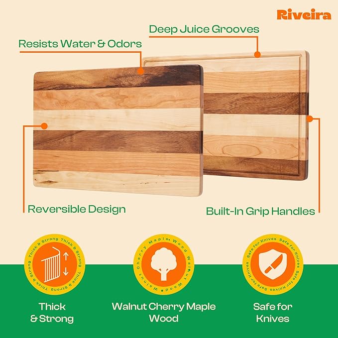 Riveira Walnut/Cherry/Maple Wood Cutting Board – Gourmet Grandeur: 18 x 12 Wooden Cutting Board – Natural Wooden Cutting Boards For Kitchen Decorative – Innovative Juice Grooves Wooden Chopping Board