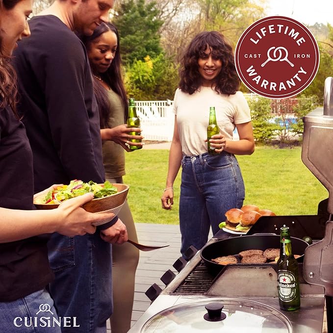 Cuisinel Cast Iron Skillet + Glass Lid + Red Chainmail Scrubber - 15"-Inch Dual Handle Braiser Frying Pan + Silicone Handle Covers - Pre-Seasoned Oven, Grill, Stovetop, Fire Cookware - Indoor/Outdoor