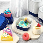 Aoriher 150 Pieces 10 oz Mini Cake Pans with Lids Aluminum Foil Baking Cups Square Disposable 4" x 4" Large Cupcake Cups Baking Tins for Kitchen Brownie Pudding Desserts Holders(Sapphire Blue)