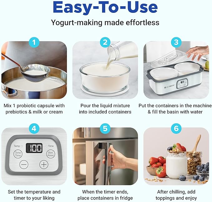 Ultimate Probiotic Yogurt Maker with Adjustable Time & Temp Control - Make Trillions of Live Probiotics with Two 1-Quart Containers for Larger Batches - Greek Yogurt Maker - ULTIMATE LIFETIME WARRANTY
