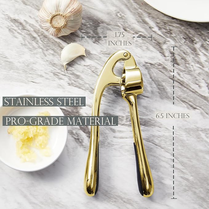 KITESSENSU Premium Garlic Press, Professional Garlic Mincer, Easy to Squeeze and Clean, Rust Proof & Dishwasher Safe, Efficient Ginger Crusher - Golden