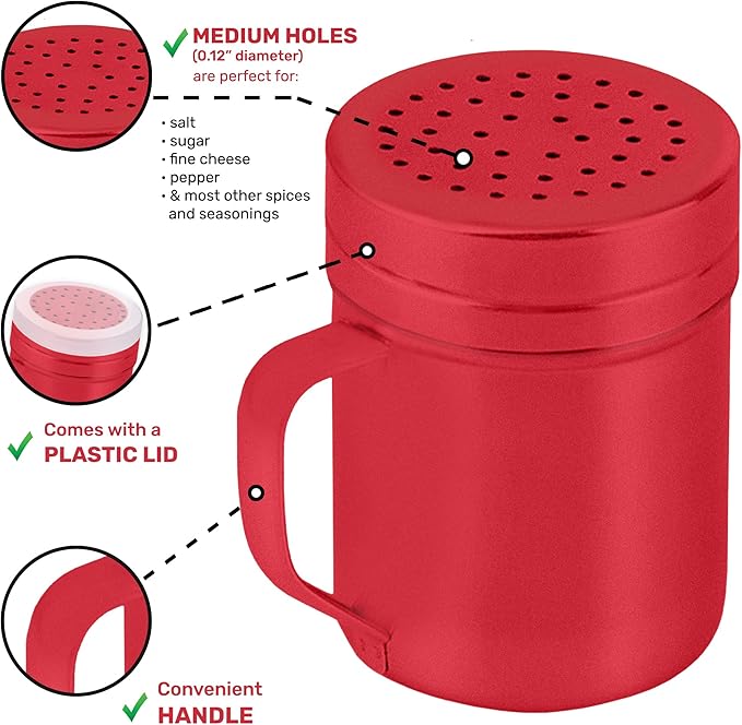 CUSINIUM 10oz Red Stainless Steel Salt Pepper Dredge Shakers - With Plastic Cap - With Handle - Pack of 2