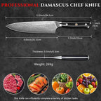 Damascus Chef Knife, Professional Japanese Chef Knife 8 Inch, Kitchen Knife with VG-10 Steel Core and Full Tang G10 Handle, Gift Box