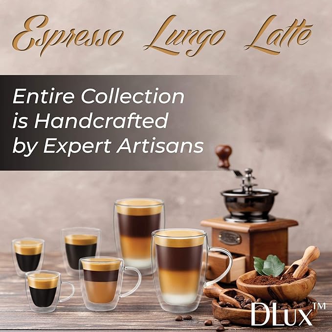 DLux Lungo 5.4oz Coffee Cups Double Wall, Clear Glass set of 2 Glasses with Handles, Insulated Borosilicate Glassware Tea Cup