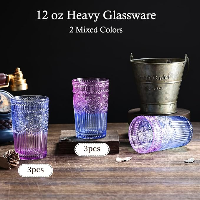 6pcs Vintage Drinking Glasses Set, 12 oz Glass Cups, Embossed Ribbed Glassware Drinking Glasses for Cocktail, Water, Juice, Coffee, Whiskey