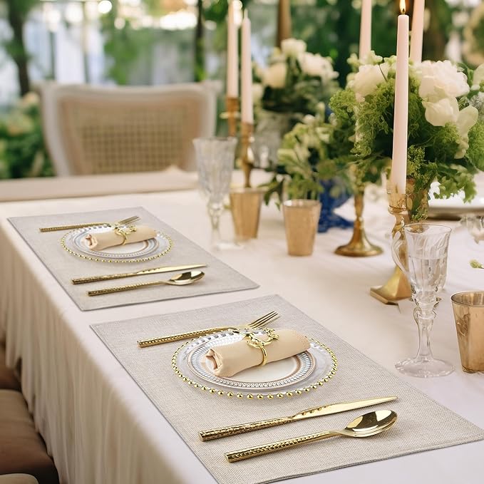 Cloth Placemats Set of 6 - Easy to Clean Fabric Table Placemats - Machine Washable Placemats- Heat Resistant Non-Slip Table Mats (Light Linen, 6)