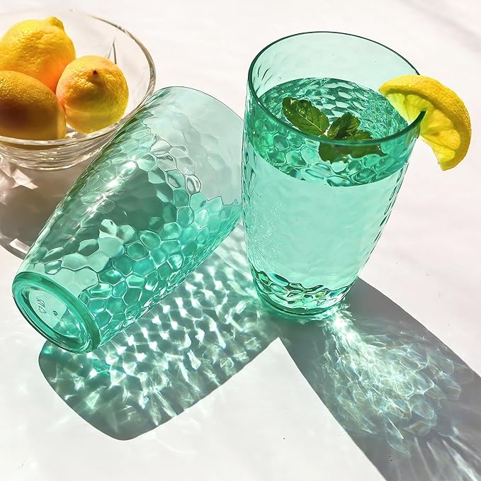 Kate Aspen Hammered Teal Plastic Drinking Glasses Set of 8, 23 oz, Acrylic Glasses Drinkware, Tumblers & Water Glasses for Patio, Iced Tea, Smoothies, BPA-Free Plastic Cups Reusable