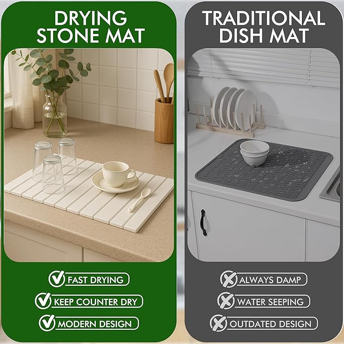 Large Stone Dish Drying Mat for Kitchen Counter, Instant Drying Pad, Super Absorbent Foldable Dish Drying Mat, 24"×16", White