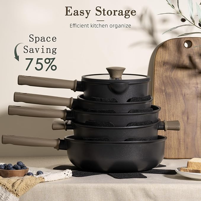 Astercook 19 Pcs Pots and Pans Set Non Stick, Black Titanium Induction Kitchen Cookware Sets, Non toxic Healthy Non Stick Kitchen Cooking Set with Frying Pans Set, PFAS PTFE PFOA PFOS Free