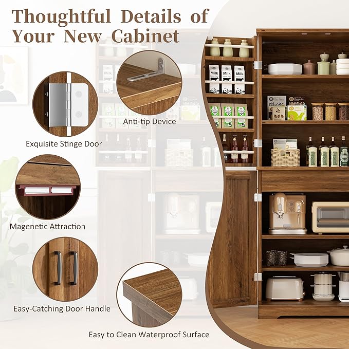 Shintenchi Kitchen Pantry Cabinet, Freestanding Farmhouse Storage Cabinet with 8 Door Shelves, 2 Cabinets and 1 Drawer, Tall Cupboard for Kitchen, Living Room, Dining Room and Bathroom, Rustic Brown