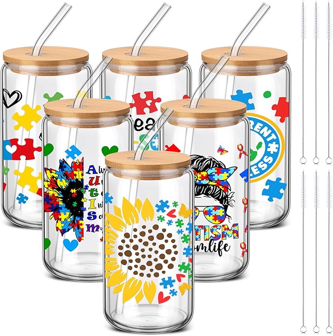 6 Pcs Autism Mom Gifts Tumbler 16 oz Autism Awareness Glass Cups with Lids and Straws Can Shape Autistic Iced Coffee Cup for Autistic Mom Teacher