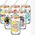 6 Pcs Autism Mom Gifts Tumbler 16 oz Autism Awareness Glass Cups with Lids and Straws Can Shape Autistic Iced Coffee Cup for Autistic Mom Teacher