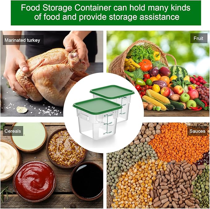 2 Pieces Square Food Storage Containers Polycarbonate Clear food Container with Lid Commercial Storage with Graduations for Commercial Kitchen Dough Marinating Meat(Green, 6 Qt)