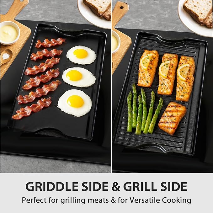 Utheer Nonstick Reversible Cast Iron Griddle 16.5" x 10.5", Ceramic Cooking Surface, Flat & Ribbed Sides, with High Sides & Grease Trap, Stovetop Griddle for Gas Grill, Charcoal, Oven & Outdoor BBQ