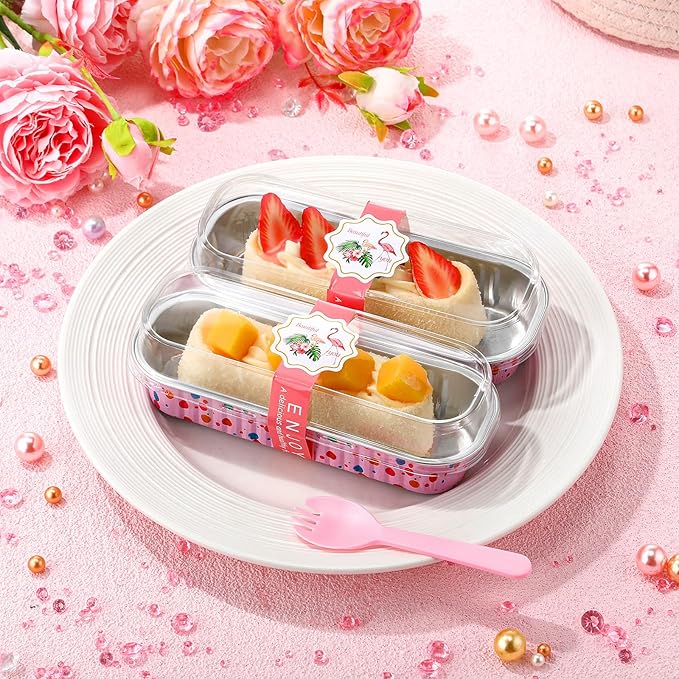 Tioncy 50 Pcs Mini Pink Loaf Pans with Lids Spoons Sticker Colorful Dots 6.8oz Disposable Rectangle Aluminum Foil Baking Pans Muffin Cupcake Cups for Picnics Wedding Birthday Baby Shower