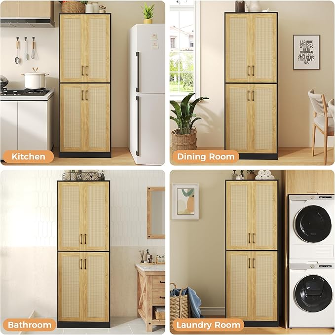 Kitchen Pantry Cabinet, 67" Tall Rattan Storage Cabinet with Doors and Adjustable Shelves, Wooden Linen Pantry Cupboard for Small Spaces Laundry Room Bathroom, Food Snack Towels Storage, Black