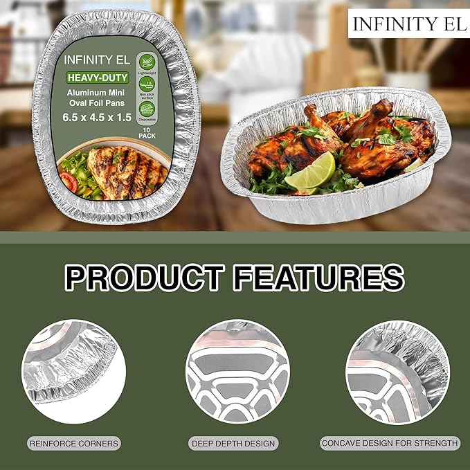 INFINITY EL Disposable Mini Oval Aluminum Pans 10 Pack | Deep Disposable Baking Pan | Heavy Duty Oval Aluminum Roasting pan for Chafing, Turkey, Lasagna, Thanksgiving, Christmas, Parties & Meal Prep