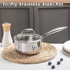 1-Quart Saucepan with Lid, Tri-Ply Stainless Steel Pot with Stay-Cool Handle & All Cooktop Compatibility (Gas, Ceramic, Electric) - Silver