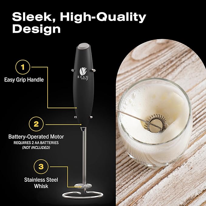 Bean Envy Milk Frother Handheld for Coffee - Mini Drink Mixer Whisk & Coffee Foamer Wand with Stand for Lattes, Cappuccino, Matcha and Hot Chocolate - Kitchen Gifts - Black