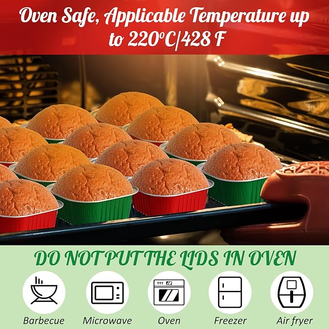 Aoriher 150 Pieces 10 oz Christmas Mini Cake Pans with Lids Christmas Aluminum Pans Baking Cups Square Disposable 4" x 4" Baking Tins for Desserts Xmas Party Supplies (Red Green)