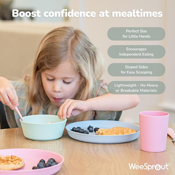 WeeSprout Bamboo Kids Bowls, Set of Four 10 oz Kid-Sized Bamboo Bowls, Dishwasher Safe Kid Bowls (Blue, Green, Gray, & Beige)
