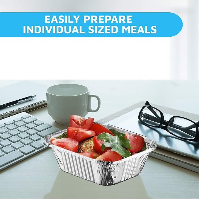MontoPack Disposable Takeout Pans with Clear Lids | 1lb Capacity Aluminum Foil Food Drip Containers with Strong Seal for Freshness & Spill Resistance | Earth, Eco-Friendly & Recyclable 100Pack 5x4”