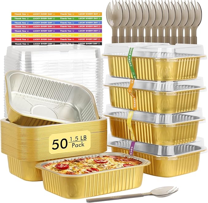 LNYZQUS 50 Pack 1.5lb Small Foil Pans with Lids, 7” x 5” Individual Baking Tins Leftover Containers,24oz Aluminum To Go Baked Food Containers Large Loaf Cake Pans Take Out Holders-Gold