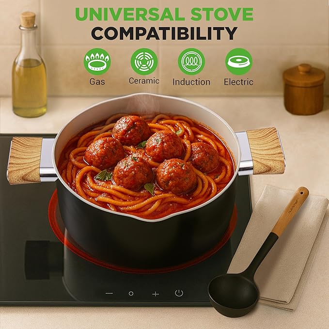 NutriChef 14-Piece Non-Stick Ceramic Cookware Set - Induction Safe Pots and Pans with Glass Lids, Cool-Touch Handles, Even Heat Distribution, Dishwasher Safe, Includes Ladle, Tong, Spatula (Black)