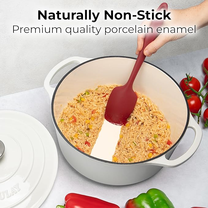 Zulay Kitchen 5 Quart Enameled Cast Iron Dutch Oven with Lid,Silicone Trivet & Heat Pad – Premium Durability & Oven Safe up to 500°F– Heavy Duty Cookware Perfect for Bread Baking, Stews, Braising & Roasting – White