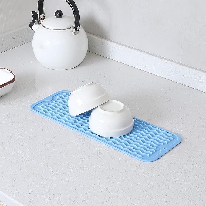 Silicone Dish Drying Mat for Multiple Usage,Easy clean,Eco-friendly,Heat-resistant Silicone Mat for Kitchen Counter,Sink,Bar,Bottle,or Cup Light Blue M 17 inches x 6 inches