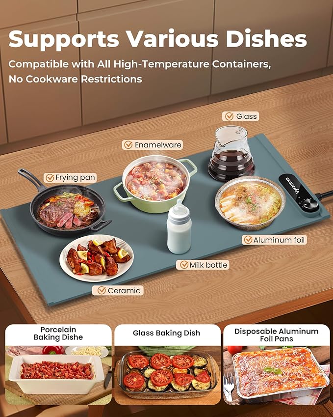 Warming Mat for Food - Space-Saving, Fits Two Baking Dishes, 7 Temp Settings, 4h Auto Shut-Off, Durable Silicone Surface, Easy to Clean, Perfect for Parties and Everyday Use (Green, Medium)