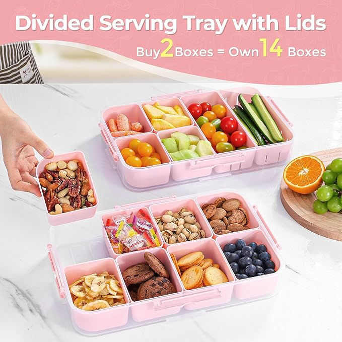 LUXEAR Divided Serving Tray with Lid and Handle Snack Box Charcuterie Container Dishwasher Safe 8 Compartment Snack Platters Portable Organizer for Candy, Snacks, Picnic, Party&Travel(2p pink)