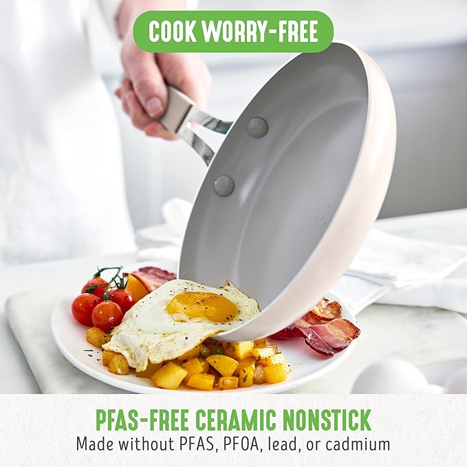 GreenLife 8” & 10” 2 Piece Nonstick Ceramic Frying Pan Set, Lightweight Healthy PFAS-Free Skillets, Dishwasher & Oven Safe, Durable Body, Silicone Stay-Cool Handles, Easy Release, Taupe