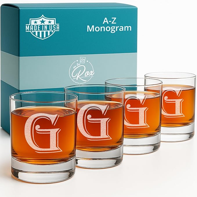 On The Rox Drinks 4 Piece Glass Set Engraved with G Monogram, 11-Ounce