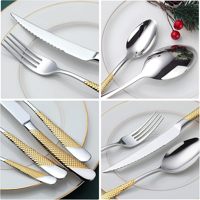 Hammered Silver Gold Silverware Set, OGORI 24-Piece 18/10 Stainless Steel Flatware Set, Service of 6
