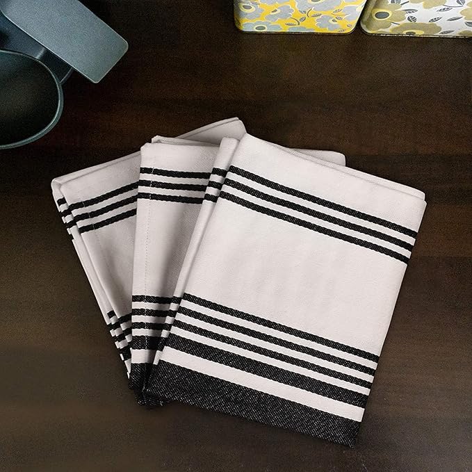 Urban Villa Kitchen Towels 100% Cotton Pack of 3, Highly Absorbent Quick Drying Super Soft Premium Dish Towels for Kitchen with Hanging Loop Hand & Tea Towels - 20x30 Inch, (Black & White, Striped)