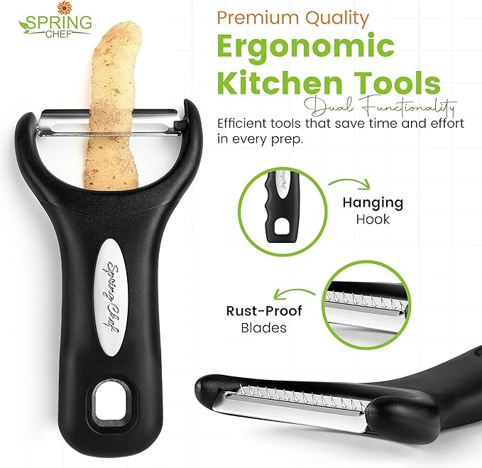 Spring Chef Stainless Steel Swivel, Y & Julienne Vegetable Peelers for Kitchen, Potato Peelers with Soft Grip Handles, Kitchen Utensils Set of 3 for Fruits, Veggies, Apple, Carrot, Cucumber - Black