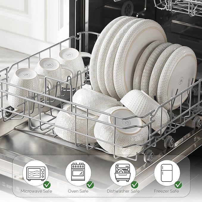 Stoneware Dinnerware Sets Service for 4, 12 pcs Reactive Glaze Plates and Bowls Sets, Embossed Boho Ceramic Dish Set, Highly Chip and Crack Resistant Farmhouse Plate Set, Ivory White