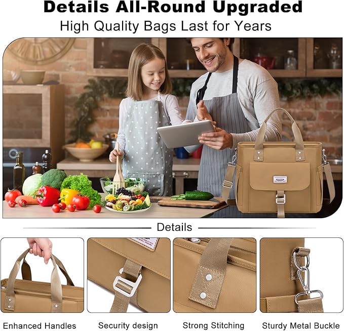 Weitars Insulated Lunch Bag for Men Women,Leak Proof Lunch Box for Work,Extra Large Lunch Tote Bag With Removable Shoulder Strap with Side Pockets,Reusable Lunch Bag For Picnic Hiking (Kakhi)