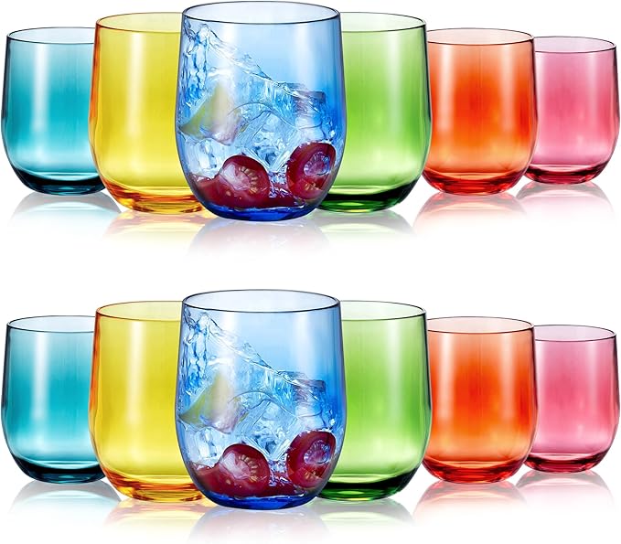 14-ounce Plastic Stemless Wine Glasses, All Purpose Arcylic Glasses, set of 12 Multicolor Reusable Shatter-resistant Dishwasher Safe