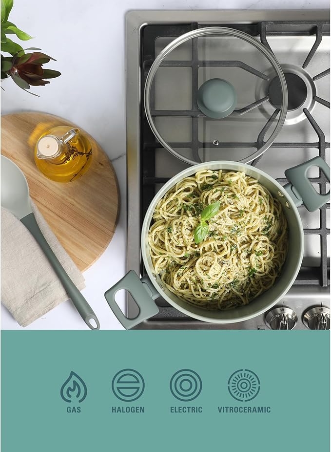 Gibson Home Barnsdall 10 Piece Premium PFA Free Ceramic Nonstick Pots and Pans Aluminum Induction Cookware Set W/Kitchen Tools - Sage Green/Grey Non Stick