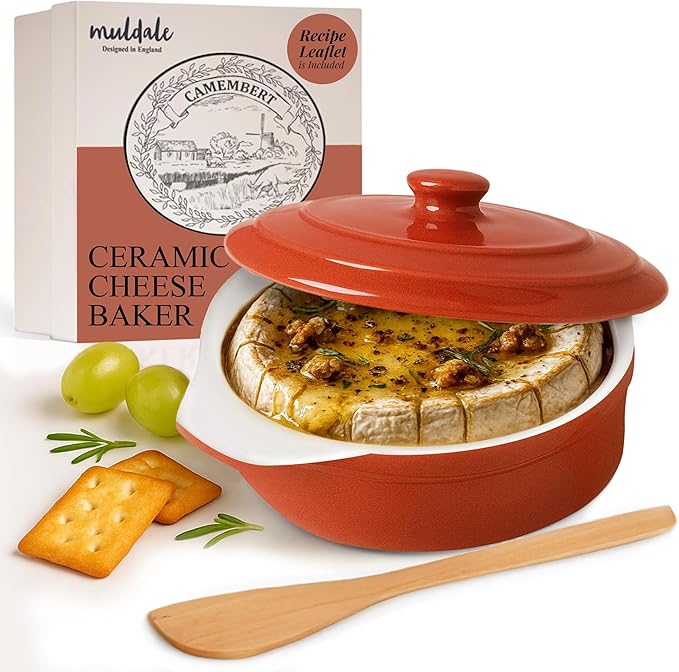 Muldale Brie Baker with Lid and Spreader - Camembert Baker Crock in Red - Free from Lead Ceramic Baking Dish - 5.5” - Fits Standard Camembert Wheel