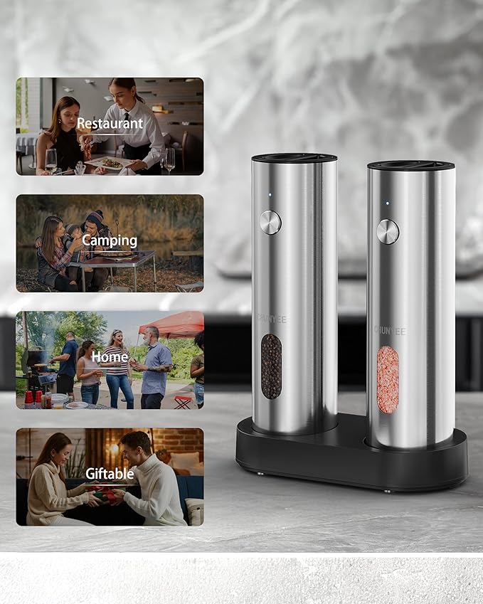 Electric Salt and Pepper Grinder Set with Rechargeable Base - Upgraded Large Capacity, Refillable Pepper Mill Set with LED Light & Adjustable Coarseness, Ideal for Kitchen, Outdoor, BBQ & Gift Giving