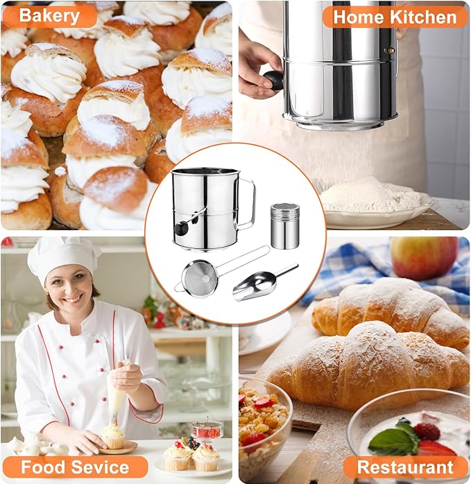 Flour Sifter,5 Cup Stainless Steel Flour Sifters,4 in 1 Baking Sifter Set with Powder Sugar Shaker Duster,Strainers Fine Mesh and Metal Scoop for Baking Cake,Pastries,Pies,Cupcakes,Desserts
