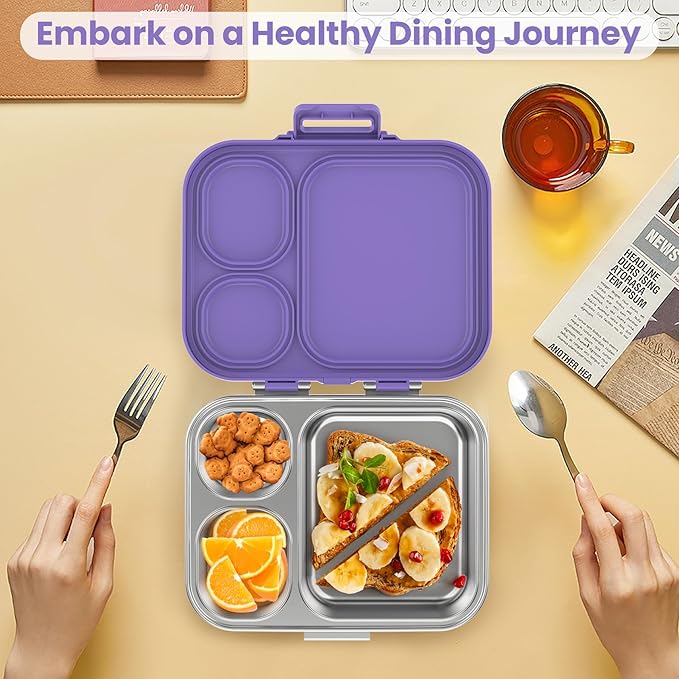Stainless Steel Bento Lunch Box for Kids | 3-Compartment Lunch Box Container Kids | 100% Leakproof, Dishwasher-Safe, Eco-Friendly, Perfect Portion Control for Kids&Adult Healthy Meals (Purple)