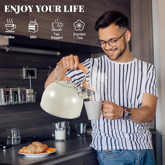 GGC Tea Kettle for Stove Top, 85OZ/2.6QT Whistling Tea Kettles for Boiling Water Milik or Coffee, White Stainless Steel Tea Pots with Wood Pattern Folding Handle, Thumb Design Control Kettle Outlet