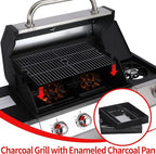 Griddle Grill Combo, Propane Gas and Charcoal Grill Combo, Outdoor BBQ Grills, 4 Burner Propane Stove with Griddle, Cast Iron Grates, Side Burner & Prep Space
